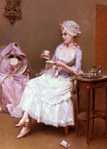 Planta para infusiones. Imagen pintura de epoca con mujer tomando Infusión 