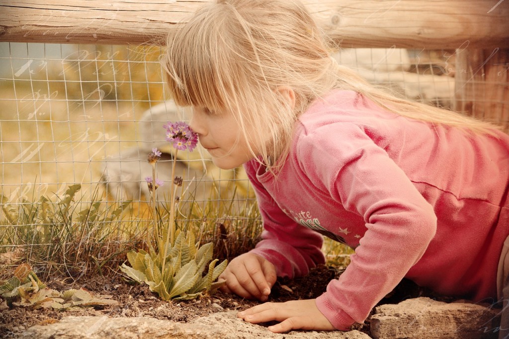 Aromaterapia y propiedades aceites esenciales. Imagen niña oliendo una flor