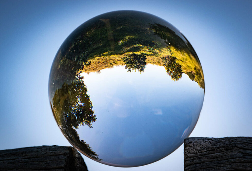 bola de cristal refleja imagen de árboles y cielo