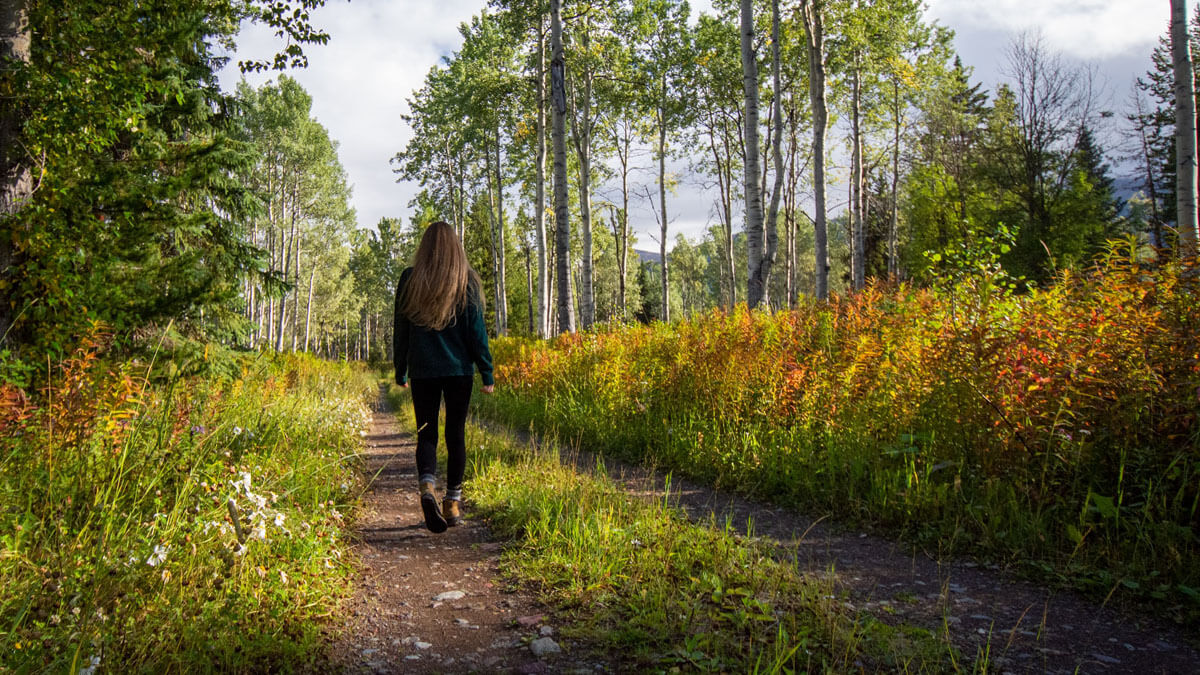 mujer camina por un entorno natural para practicar el Shinrin Yoku (baño de bosque)